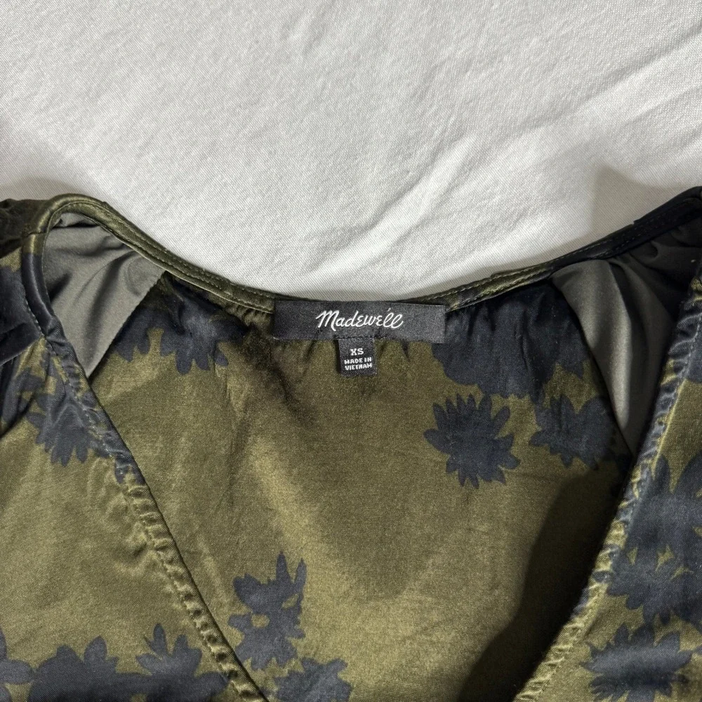 Madewell Shirred Puff Sleeve Top in Satin Mossy Umber Floral Blouse Womens XS